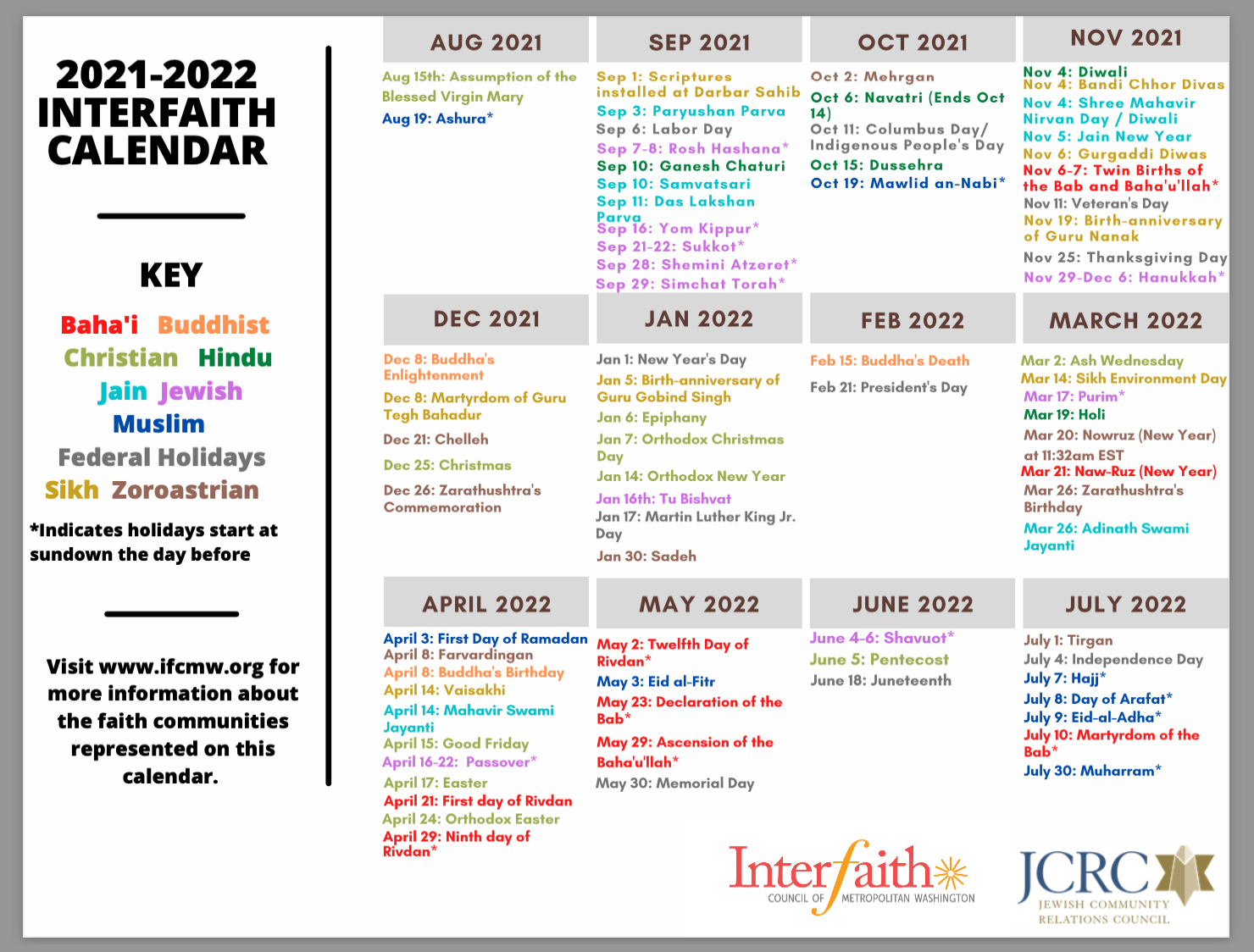 Sukkot 2022 Calendar 2021-2022 Interfaith Calendar - Interfaith Council Of Metropolitan  Washington