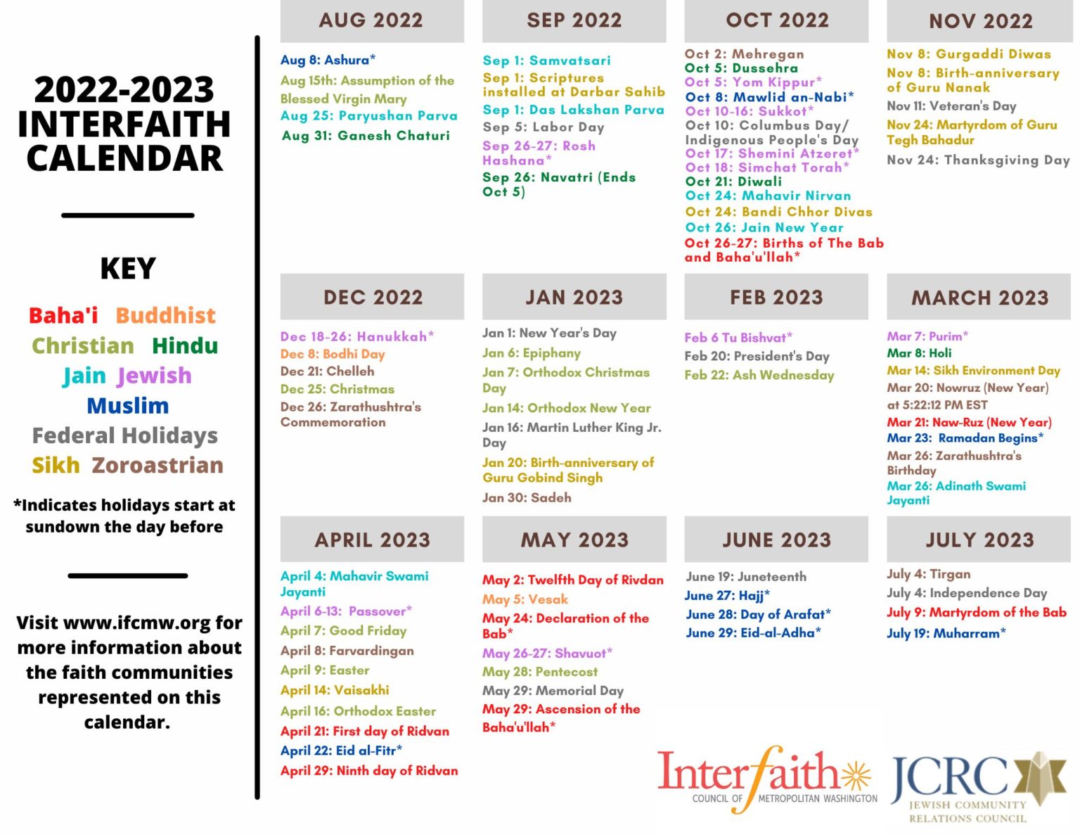 20222023 Interfaith Calendar InterFaith Council of Metropolitan